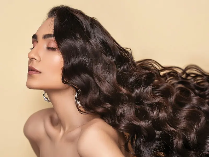Femme aux longs cheveux bruns ondulés